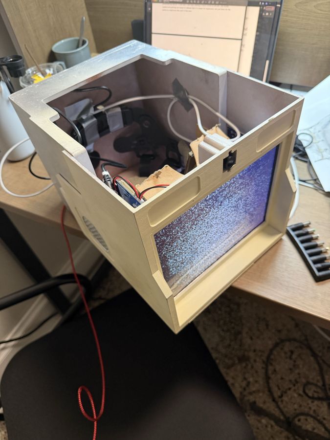 Custom-printed housing with the outward-facing display powered on