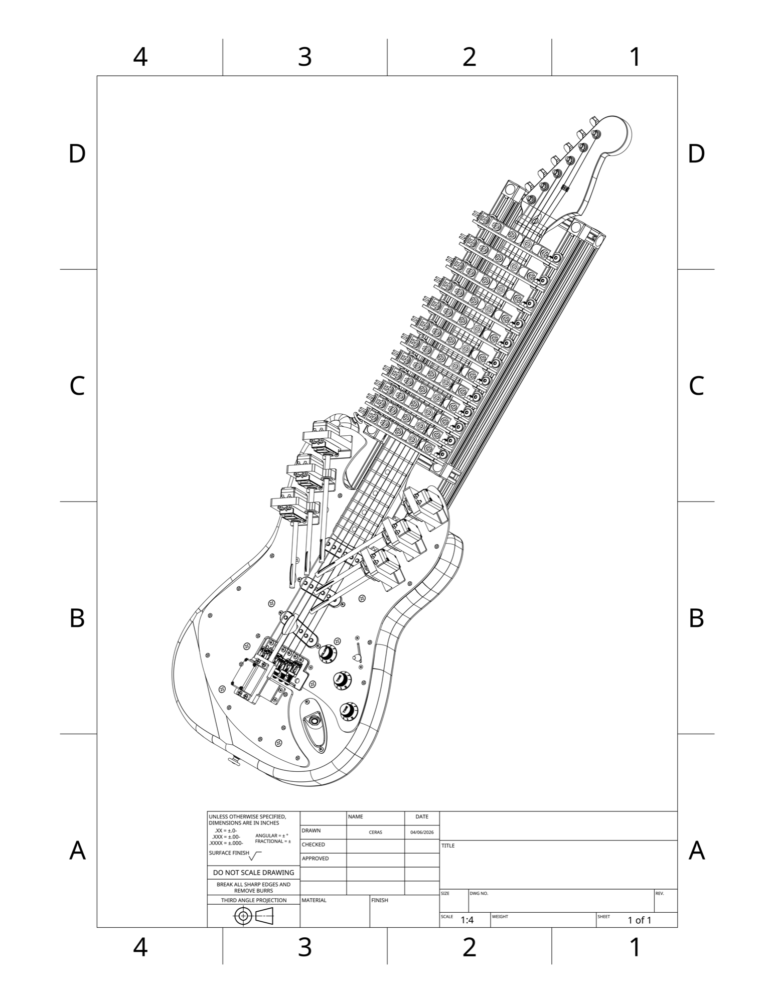 CAD drawing of the robotic guitar body and headstock